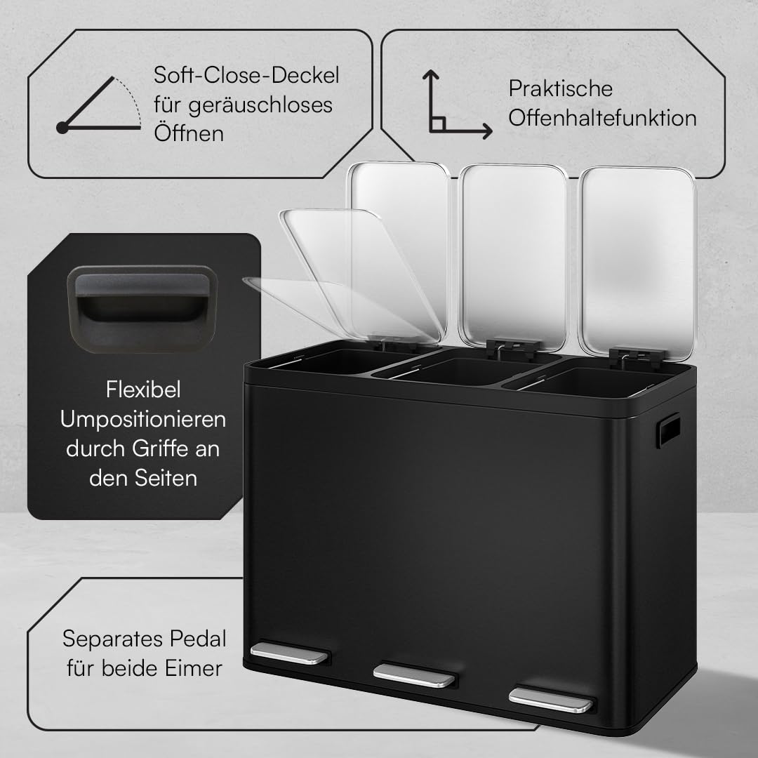 STEELSØN Epsilon Mülleimer 3 Fächer – Mülltrennsystem Küche 3x15L aus Edelstahl Schwarz – Tretmüllei