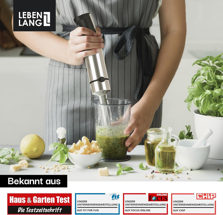 LEBENLANG 1200W Stabmixer Edelstahl - Inkl. 800ml Messbecher & Spritzschutz I Stufenlos verstellbar