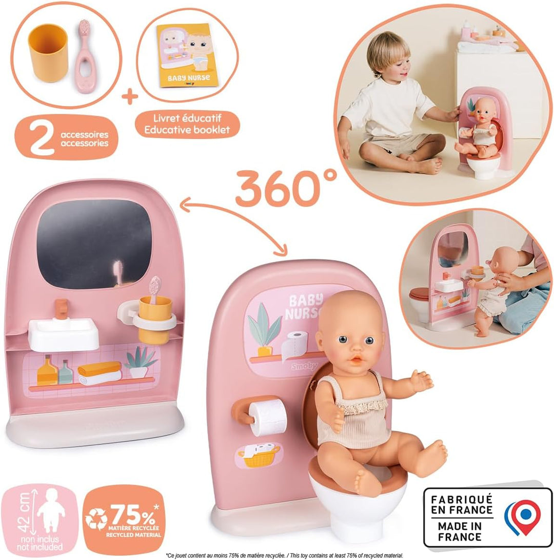 Smoby - Baby Nurse Puppen-Badezimmer - Puppentoilette mit Waschbecken, Spiegel & Zubehör - Rollenspi