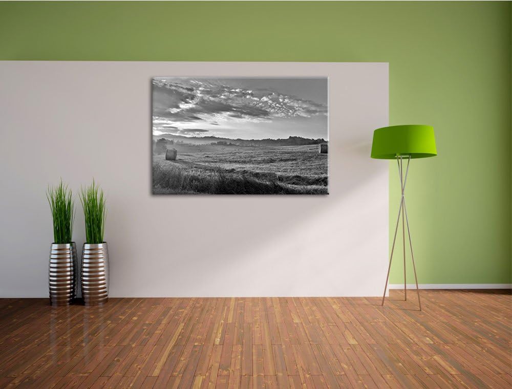 Feld mit Heuballen schwarz/weiss Format: 100x70 auf Leinwand, XXL riesige Bilder fertig gerahmt mit