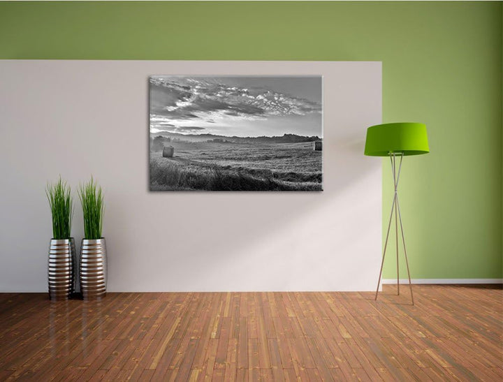 Feld mit Heuballen schwarz/weiss Format: 100x70 auf Leinwand, XXL riesige Bilder fertig gerahmt mit