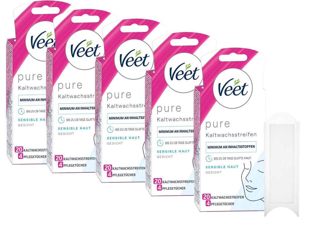 Veet PURE Kaltwachsstreifen – Geeignet für sensible Haut – Anwendung für Gesicht – Bis zu 28 Tage gl