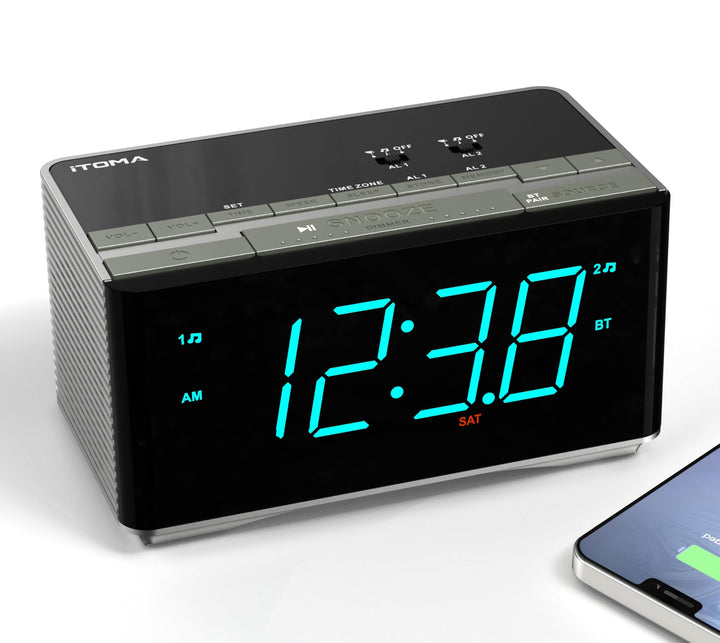 iTOMA Radiowecker，Bluetooth Stereo Lautsprecher, FM Radio, Dual Wecker, Snooze, Helligkeitsdimmer, U
