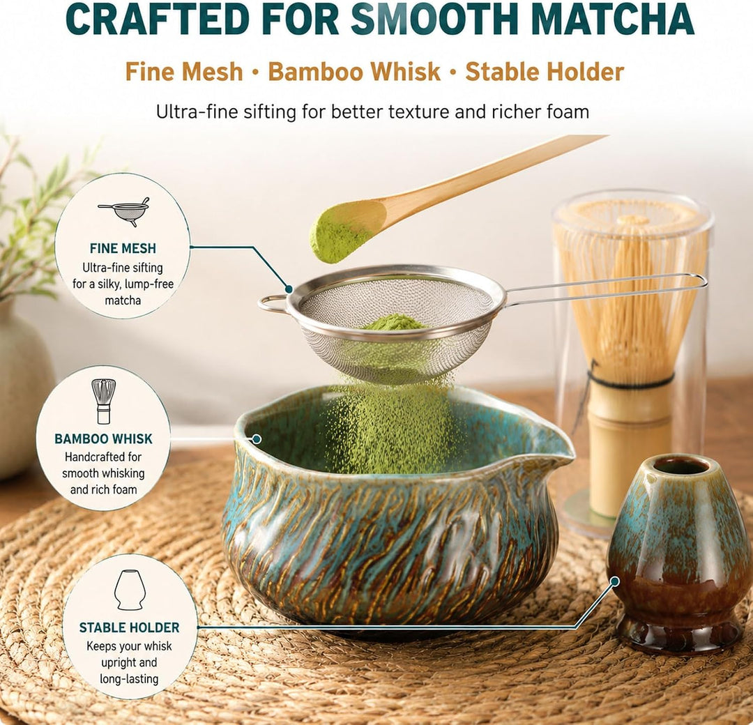 Matcha Set 7 Teilig, Matcha Tee Set Mit Schale, Bambusbesen, Halter, Sieb Und Löffel, Keramik Teeset