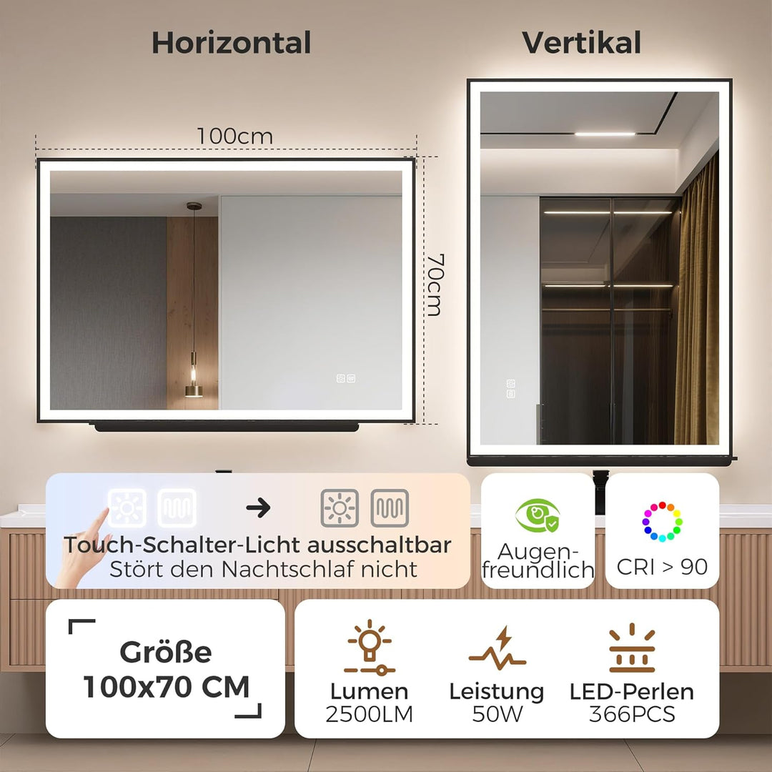 STARLEAD 70 x 100 cm Badespiegel-mit-Beleuchtung & Ablage, Entnebelung, Dimmbar, 3 Farbene Badzimmer