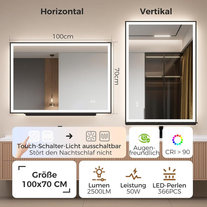 STARLEAD 70 x 100 cm Badespiegel-mit-Beleuchtung & Ablage, Entnebelung, Dimmbar, 3 Farbene Badzimmer