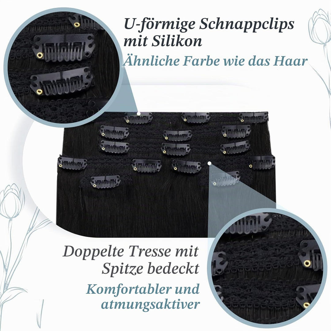 RUNATURE Echthaar Extensions Clip in Aus Schwarz 35cm Haarverlangerung Echthaar Clip in Glatt Haar E