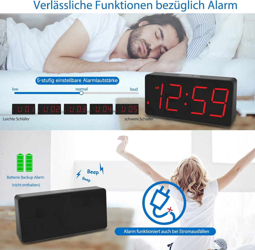 Eachui LED Wecker Digital mit Ladestation, Wecker mit Grossen Zahlen, Helligkeit und Lautstärke Rege