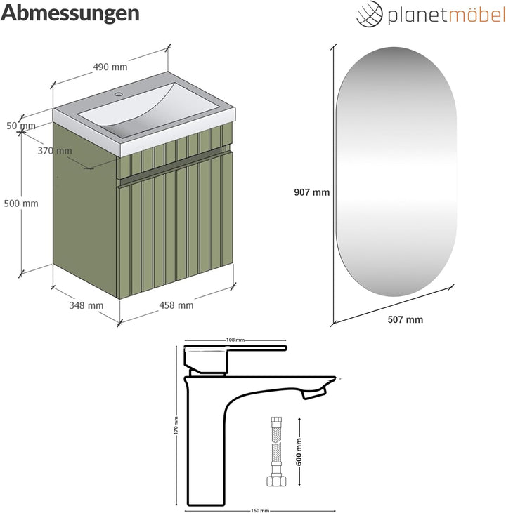 Planetmöbel Cosmia Badmöbel Set Waschbecken mit Unterschrank 50 x 60 x 35 cm Mint Grün, Spiegel mit