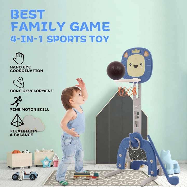 Kinder Basketballkorb 4 in 1 Basketballkorb Indoor Outdoor mit Basketbälle Fussballtor Wurfspiel Gol