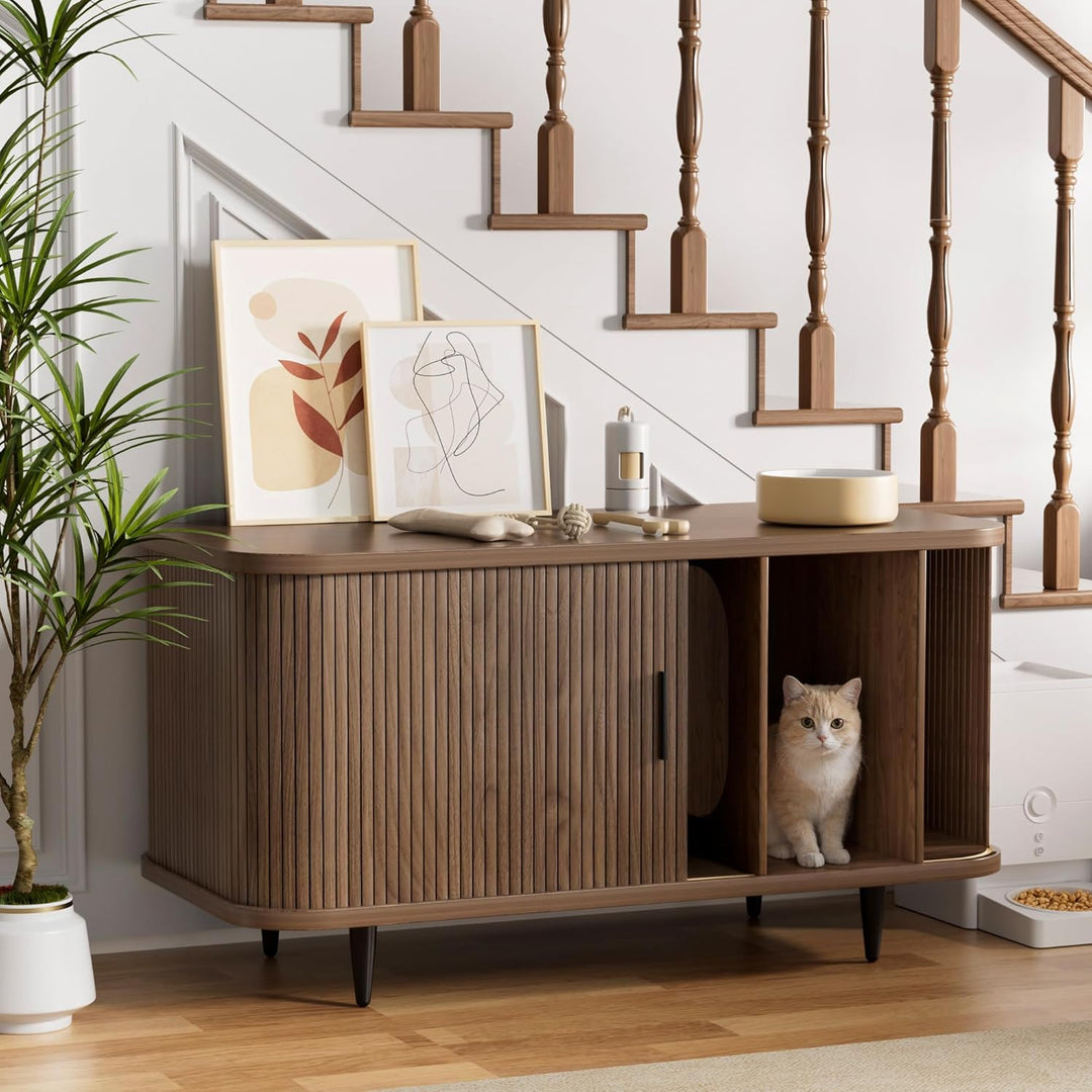 BACEKOLL Katzenklo Schrank mit Rollo-Tür Design, Mid-Century Katzenschrank Holz für grosse Katzen, V
