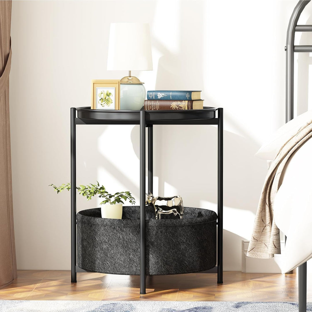 Beistelltisch Rund, Kleiner Tisch, Metall Balkontisch, Sofatisch 2 Ebenen, Couchtisch mit Korb aus S