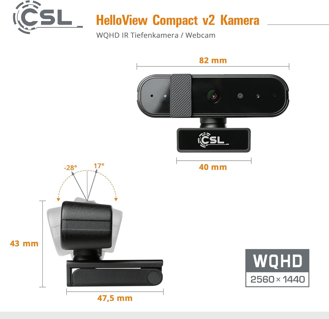 Windows Hello Kamera - CSL HelloView v2 Compact RGB-Webcam, Infrarot-Tiefenkamera, 2560x1440@30Hz, i