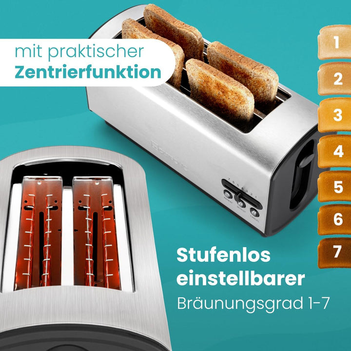 Clatronic TA 3687 4 Scheiben-Langschlitztoaster, Auftau-/Aufwärm-/Schnellstoppfunktion, Stufenlos ei