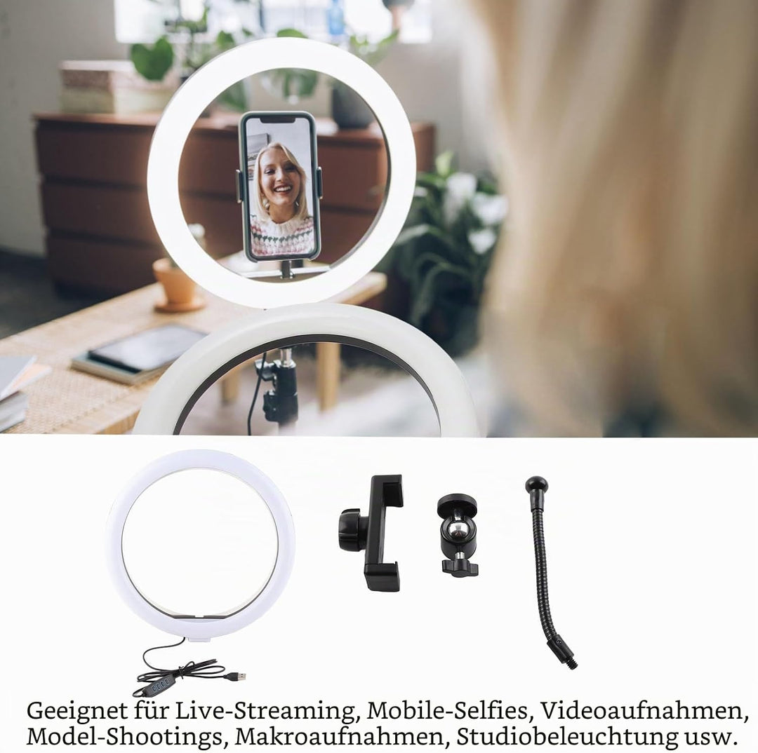 Fyearfly LED Ringlicht USB, 13 Zoll, Weiss, Einstellbare Helligkeit, Selfie Ringlicht mit Telefonhal