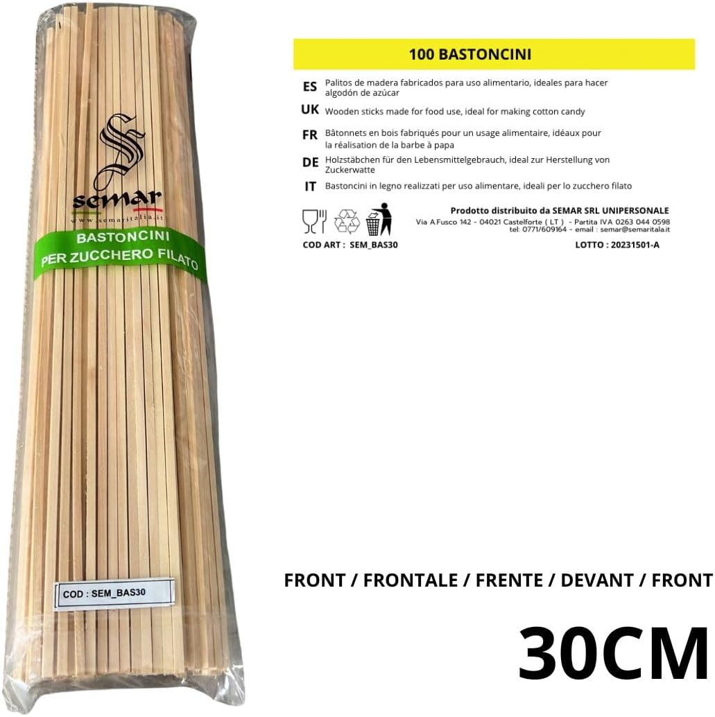 Zuckerwattestäbchen 200 Stücke - 30 cm x 0,4 cm – passend für alle Zuckerwattemaschinen – quadratisc