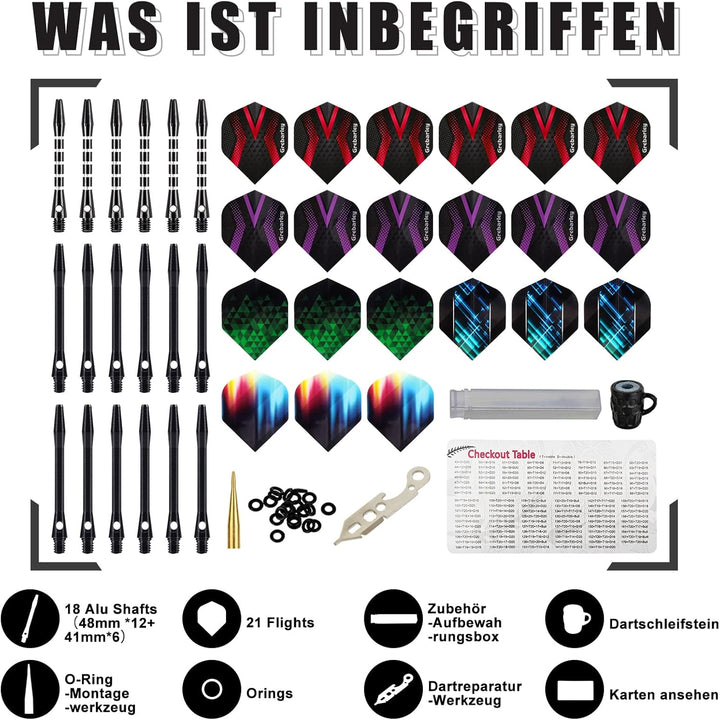 Grebarley Dartpfeile mit Metallspitze,12 Stück Profi Steeldarts 18 Aluminium Schaft mit 9 Flights 20