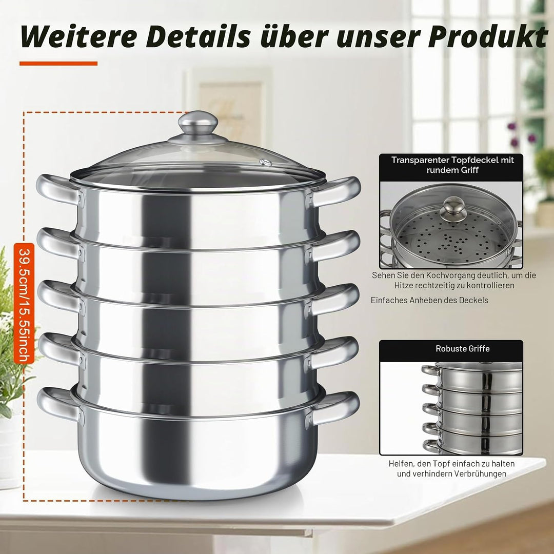 5-lagiger Mantowarka Induktion Dampfgarer Dampfkocher Edelstahl Schongarer 30cm Stapelbare Edelstahl