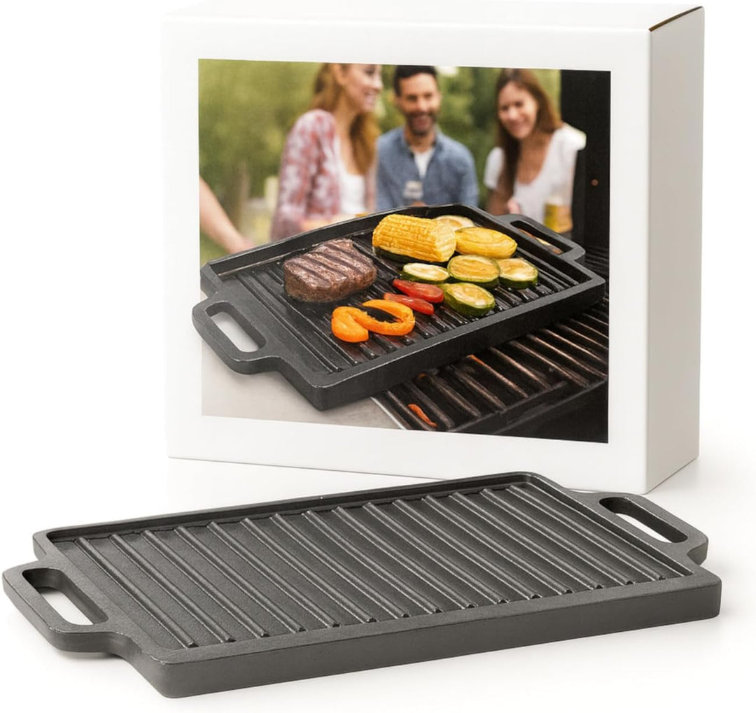 Gusseisenpfanne Grill rechteckig 40 x 20,5 cm massiv 2,7 kg mit Griffen BBQ | Grillplatte aus Gussei