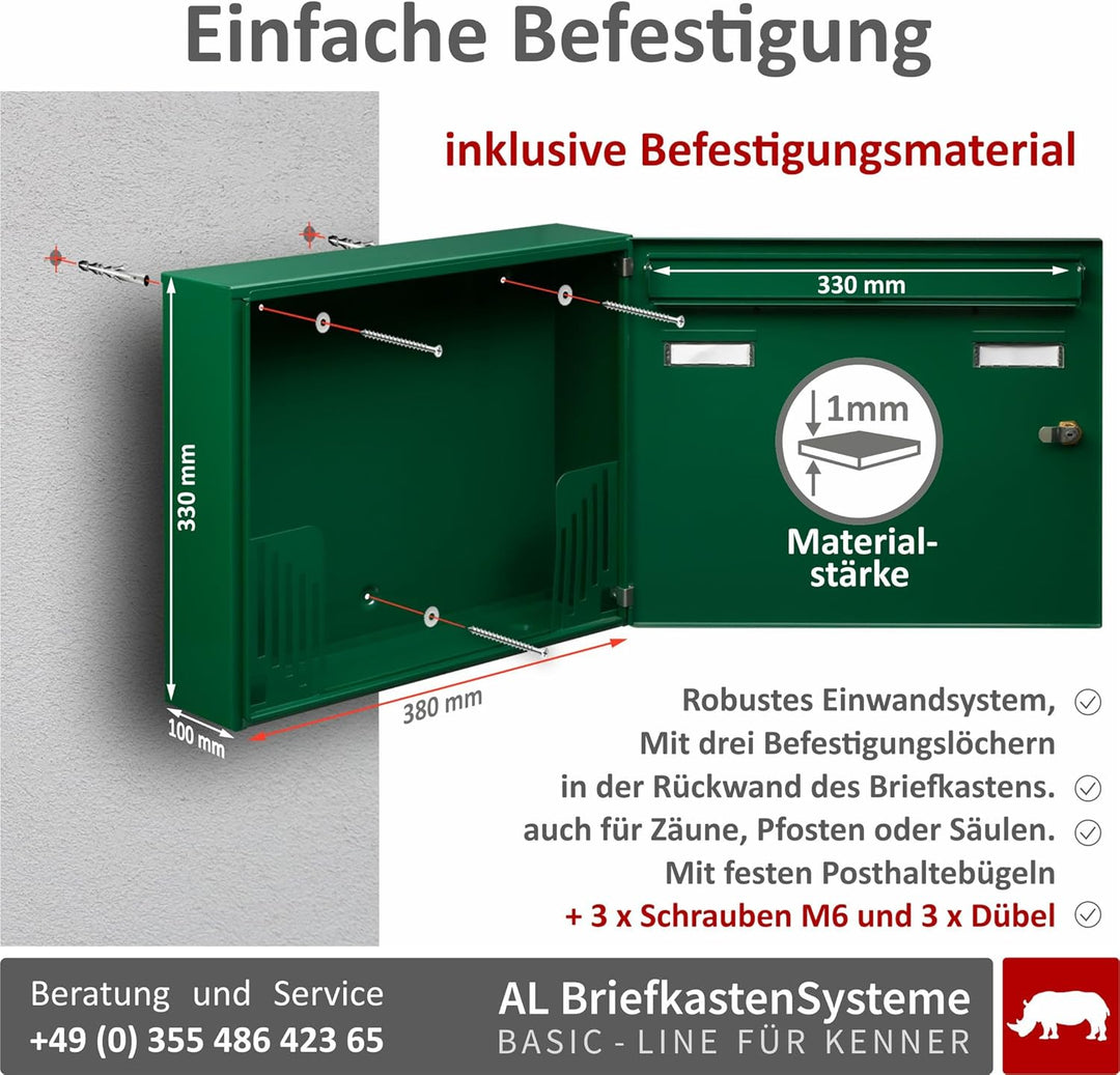 AL Briefkastensysteme Basic 4er Briefkasten RAL 6005 Moos Grün 4 Fach DIN A4 wetterfest Briefkastena