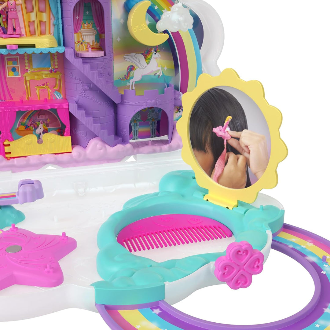 Polly Pocket Mini-Spielzeug, Regenbogen-Einhorn-Salon-Styling-Kopf und Spielset mit 2 kleinen Puppen
