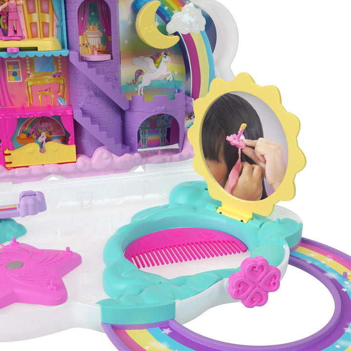 Polly Pocket Mini-Spielzeug, Regenbogen-Einhorn-Salon-Styling-Kopf und Spielset mit 2 kleinen Puppen