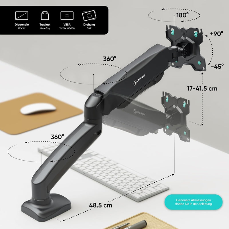 ONKRON G80 Monitor Halterung drehbar, schwenkbar, neigbar für 13-32 Zoll Bildschirme, Displays, VESA