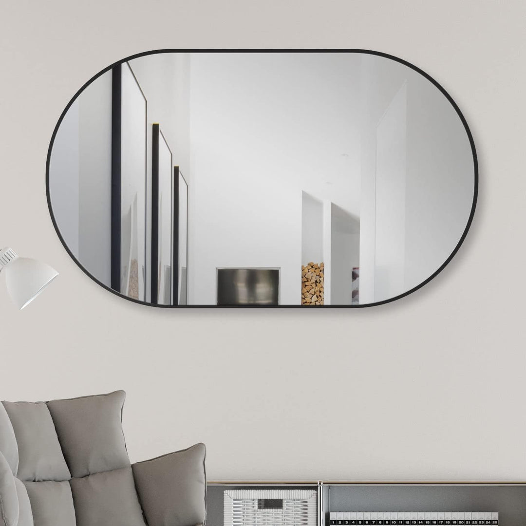 HOKO® Design Wandspiegel oval 45 x 75 cm mit Metall Rahmen Matt Schwarz. HOCH und QUER Montage mögli