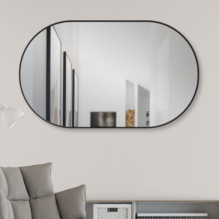 HOKO® Design Wandspiegel oval 45 x 75 cm mit Metall Rahmen Matt Schwarz. HOCH und QUER Montage mögli