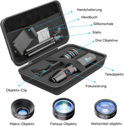 Selvim Handy Objektiv Linse Kit Lens Set 22X Teleobjektiv, 25X Makro Objektiv, 0,62X Weitwinkel, 235