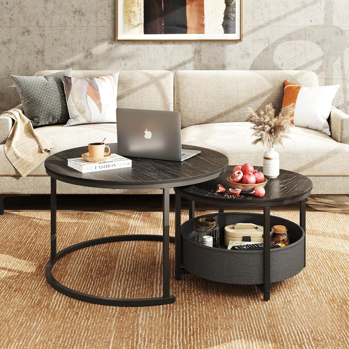 WLIVE Couchtisch Rund 2er Set, Beistelltisch mit Stoffkorb, Satztische Wohnzimmertisch mit Metallrah