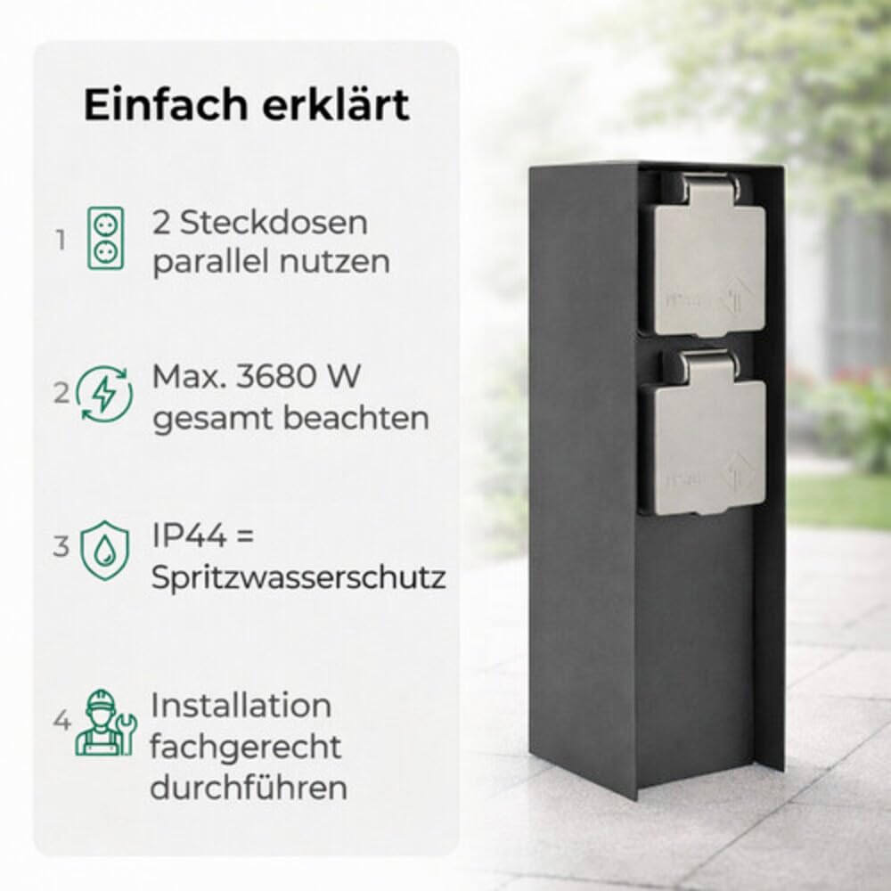 LED Universum Gartensteckdose aus Edelstahl, IP44 für aussen, 23cm (Anthrazit 2-fach), Anthrazit 2-f