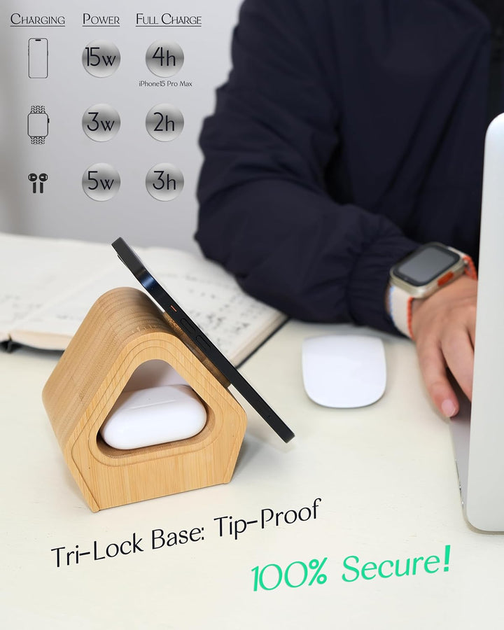 Kabellose Bambus-Ladestation für Apple: 3-in-1-Ladeständer mit Kabinen-Stil für iPhone 16, 15, 14, 1