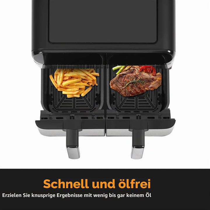 9L Dual-Zone Airfryer, Familiengrösse mit 2 Kochschubladen, 8 Kochfunktionen für Airfrying, Braten,