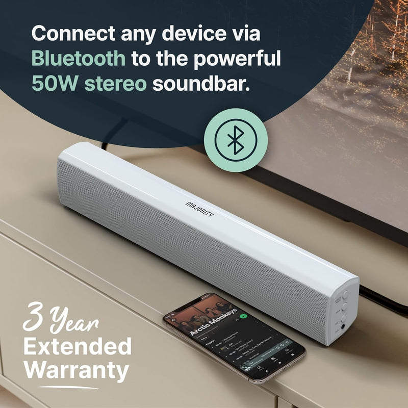 MAJORITY Bluetooth White Soundbar für TV Geräte, 50 Watt PC Lautsprecher und Sound Bar, Kompakt, mit