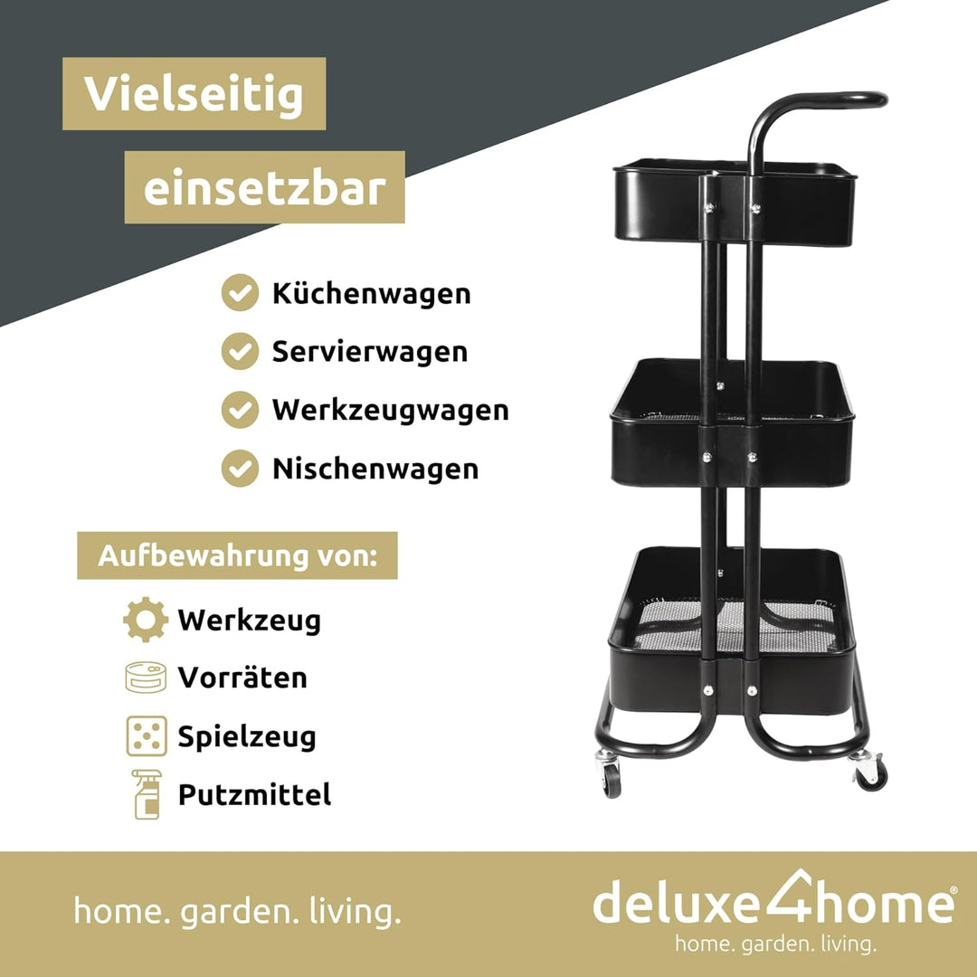 holz4home deluxe4home® Rollwagen mit 3 Ebenen I Servierwagen Küchenwagen mit Griff I Rollen mit Brem