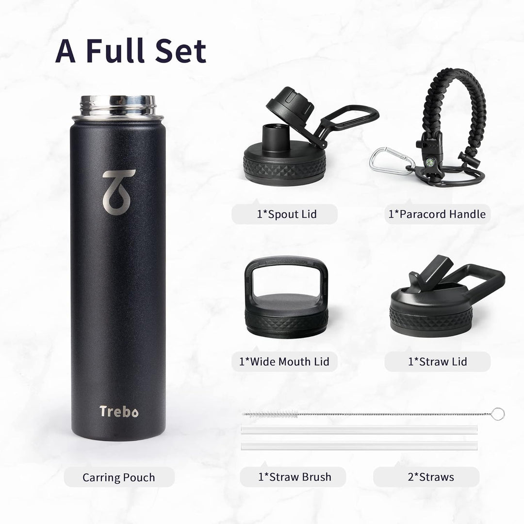 Trebo Trinkflasche Edelstahl, Thermosflasche mit Strohhalm mit Paracord-Griff & 3 Deckeln, Edelstahl