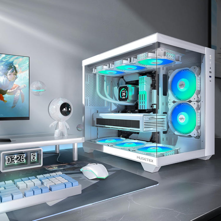 MUSETEX PC Gehäuse ATX,6 PWM ARGB Lüfter vorinstalliert,360MM Rad Unterstützung,Type-C Gaming PC Geh