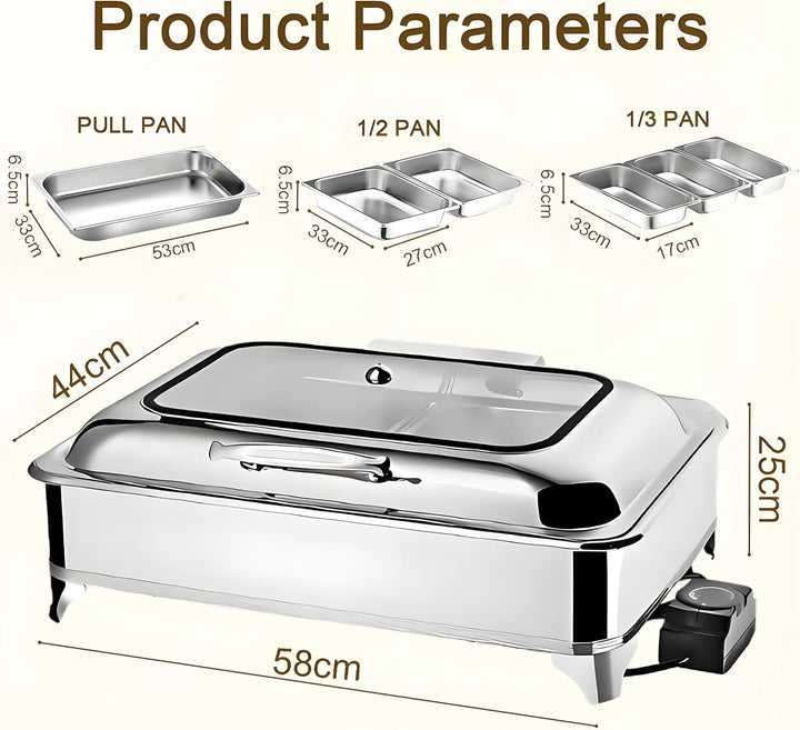 Elektrischer Chafing Dish Glasdeckel, 9L Edelstahl Speisewärmer Buffetwärmer Elektrisch Einstellbare