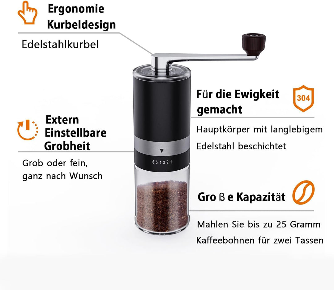 BRAVECOW Tragbare kaffeemühle manuell,Kegelmahlwerk aus Edelstahl kaffee mühle mit 6 einstellbaren S