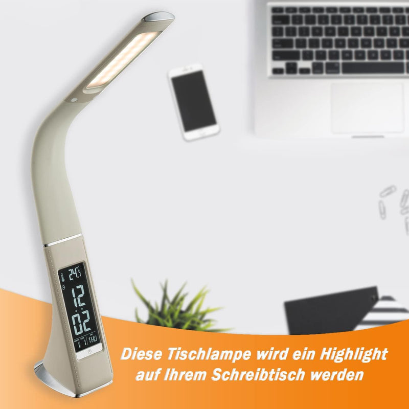 bmf-versand Tischleuchte mit Flexo-Arm und Touchdimmer inkl Pflegetuch – Tischlampe Display Uhr Weck