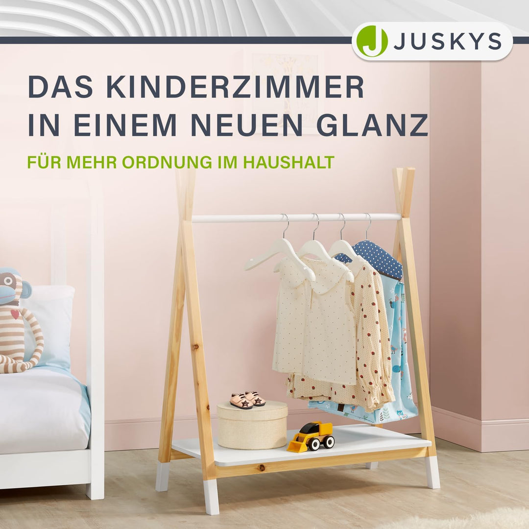 Juskys Kinder Kleiderständer Heidy mit Ablage & Kleiderstange - Holz Kindergarderobe modern, offen &