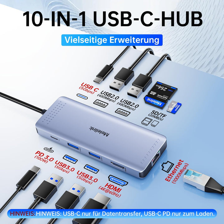 USB C Hub Ethernet, 10 in 1 Dock USB-C Adapter mit 4K 60Hz HDMI, LAN RJ45, PD 100W, 5X USB-A/C Ports