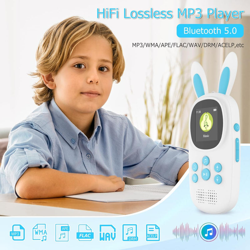 16GB Bluetooth MP3 Player Kinder, Niedlicher Hase Kinder Musik MP3 Player mit Kopfhörer & Lautsprech