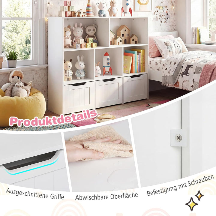 COSTWAY Kinderregal mit Boxen auf Rollen, Bücherregal Kinder mit 5 Fächern &amp; 3 Schubladen, Spielzeug