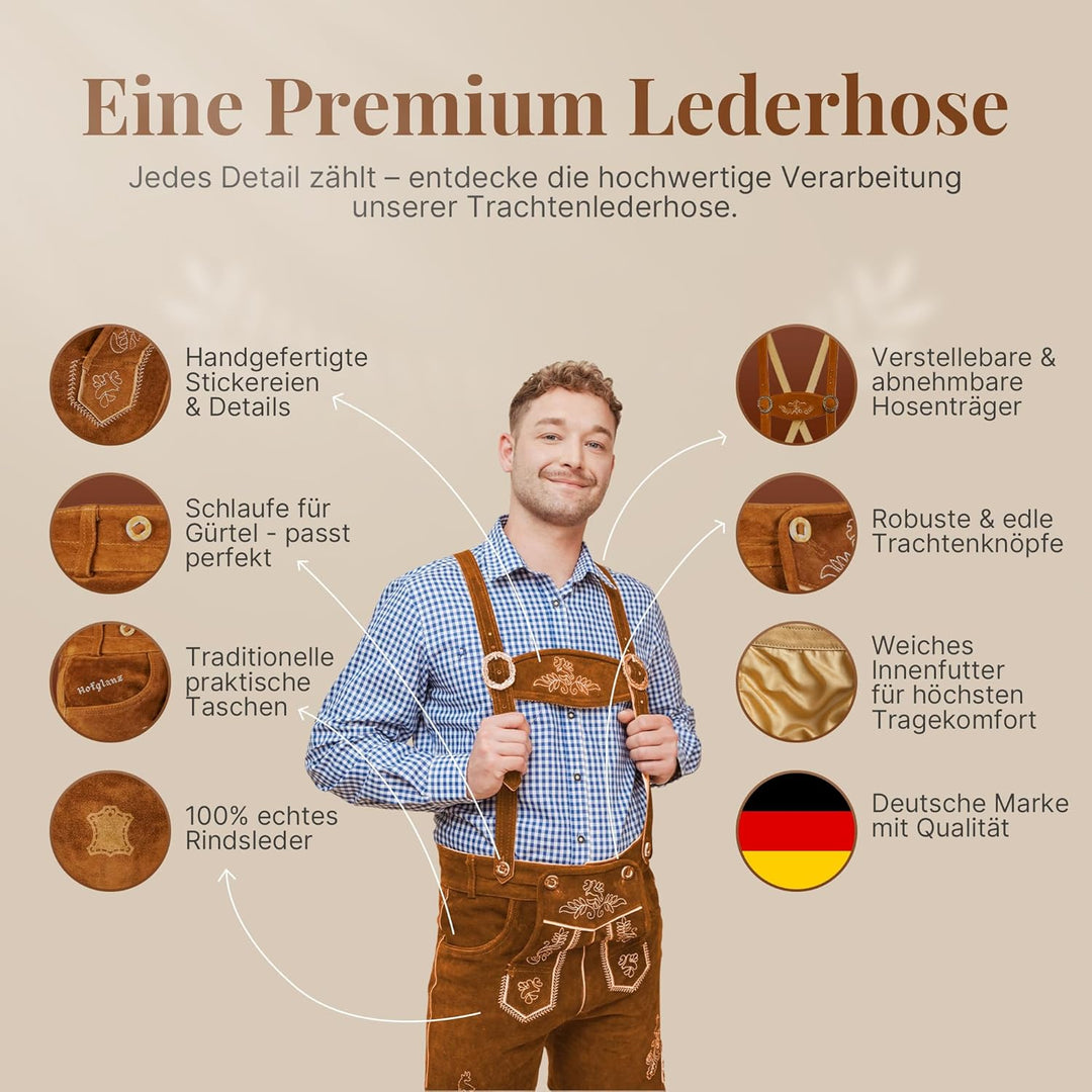 HOFGLANZ® Trachten Lederhose Herren Kurz - Hochwertige Trachtenhose für Herren mit Hosenträgern - Tr