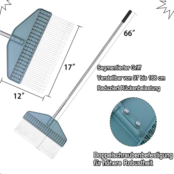 Rasenrechen für Blätter, Gartenrechen mit 43,2 cm Kopf – 167,6 cm Edelstahlgriff für Hof, Rasen, Str