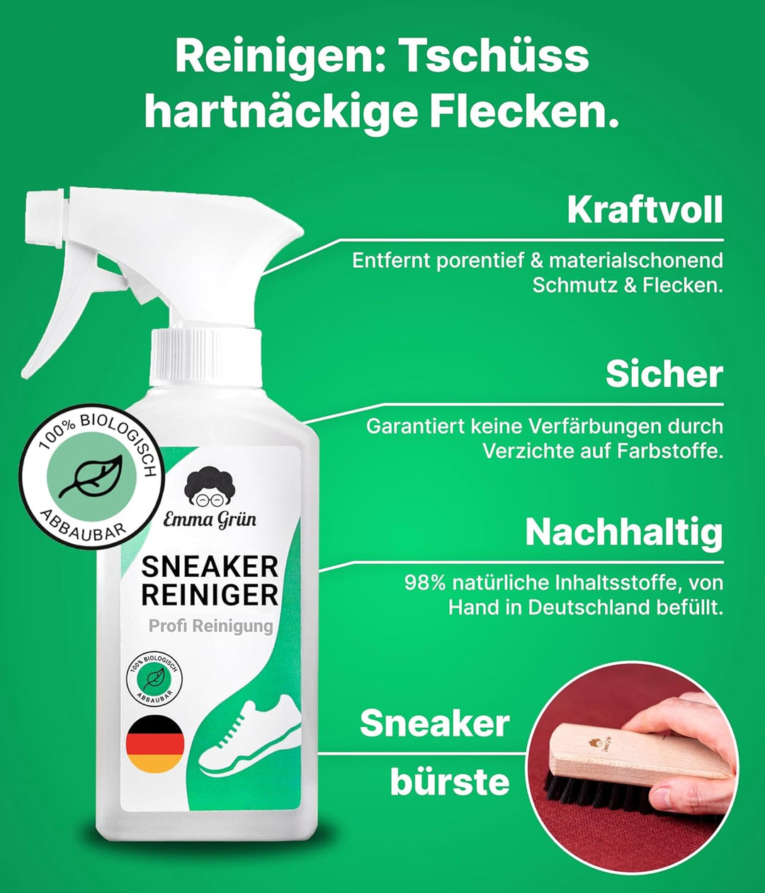 Emma Grün® Sneaker Cleaner Reinigungsset 250ml [Bürste + Schwamm + Pflegewachs] - Nachhaltiges Kompl