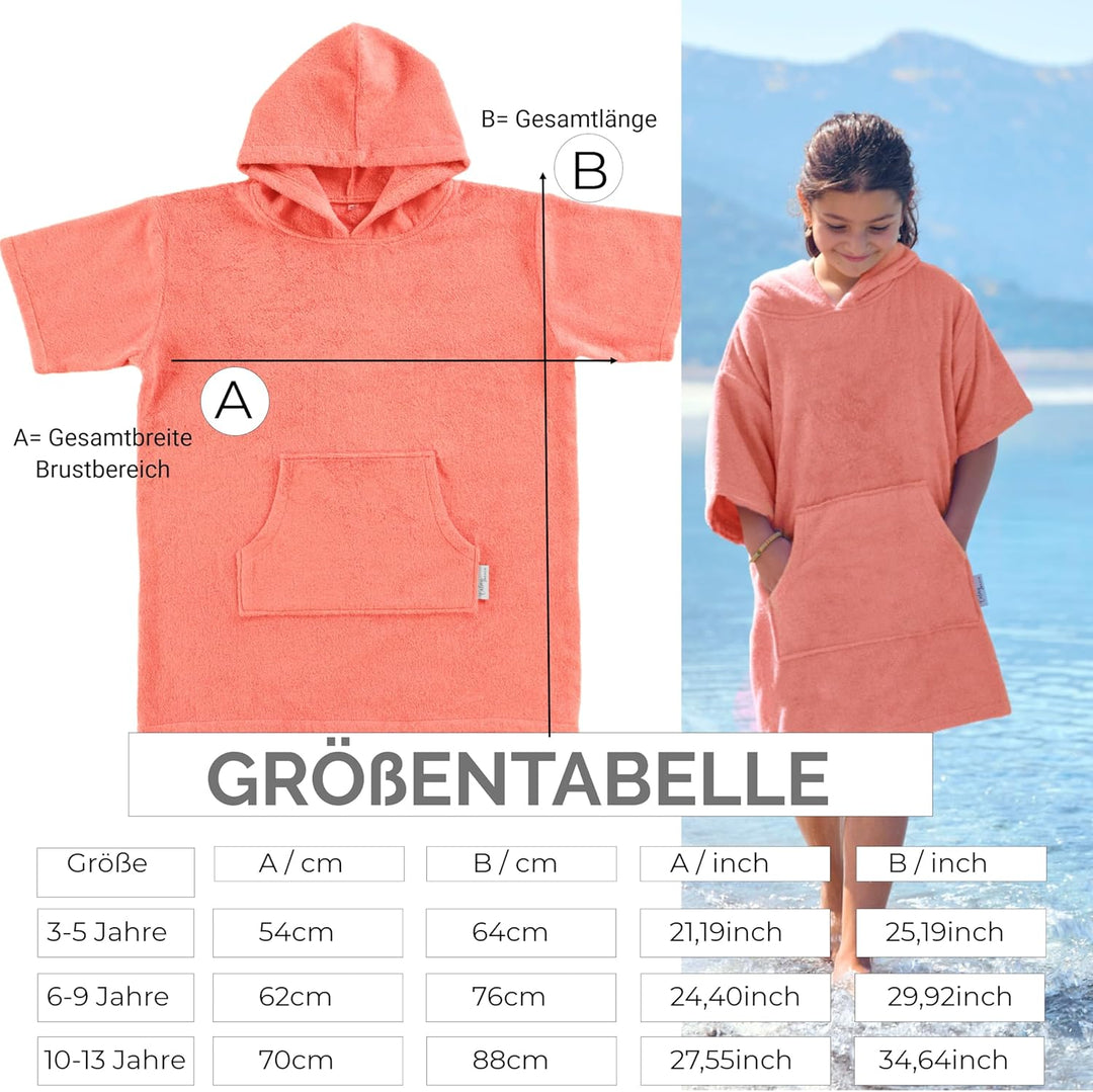 Frottee Badeponcho Kinder Jungen - Mädchen Surf Poncho 100% Baumwolle Strandponcho Handtuch mit Kapu