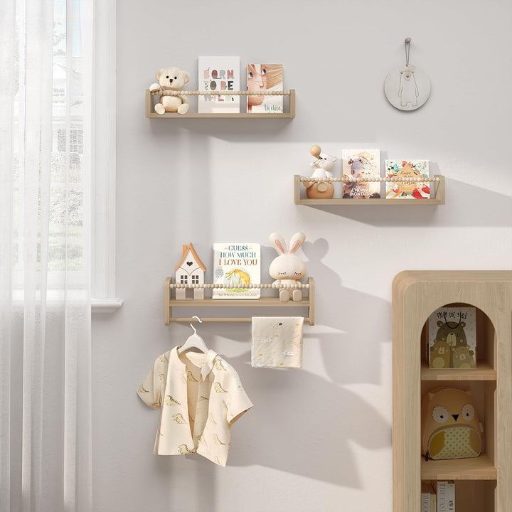 WOLTU 3er Set Kinder Bücherregal Wand, 50cm Wandregal Kinderzimmer, aus Massivholz, Hängeregal Schwe